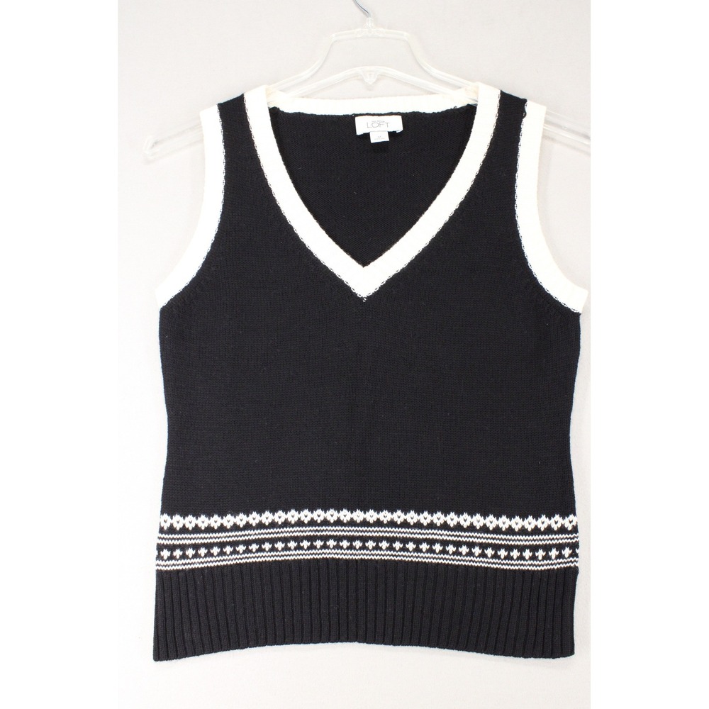 Ann Taylor LOFT Sweater Vest Womens Medium Black Wool Blend Fair Isle Preppy